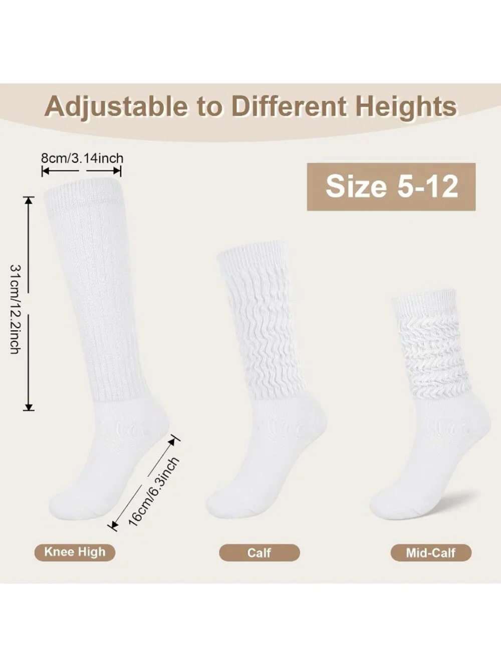 🧦Women's All White 6 Pairs Slouchy Socks Long Knee High Boot Socks